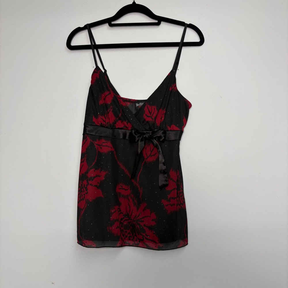 Vtg Hot Tempered Black Red Floral Glitter‎ Cami Top Satin Bow Y2K Goth Medium